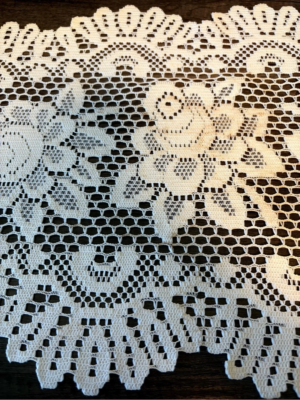 Vintage White Crochet Lace Table Runner Floral Scalloped Edge 32.5” x 14.5”